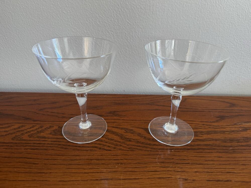 Set Of Two Vintage Wheat Etched Champagne Sherbet Glasses